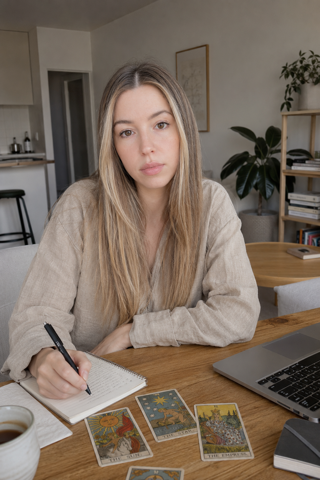 Selene writing beside a spread of tarot cards